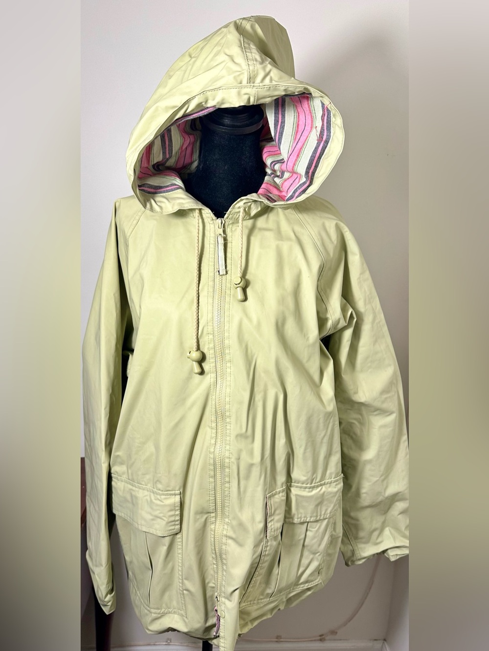 Thermal-Slicks by I de MTC Hooded Rain Jacket L Green Pink Striped Lined Y2K